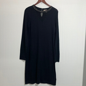 Belle Vere Notte Long Sleeve Bejeweled Crew Neck Wool Blend Dress Black Medium